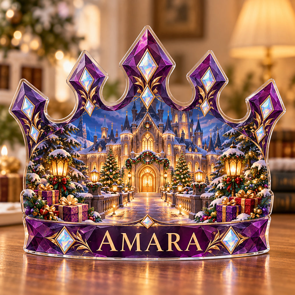 Front-view digital preview of a Christmas amethyst royal crown acrylic plaque with example name AMARA integrated into the lowest crown band facets