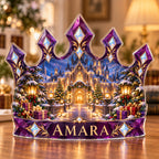 Front-view digital preview of a Christmas amethyst royal crown acrylic plaque with example name AMARA integrated into the lowest crown band facets