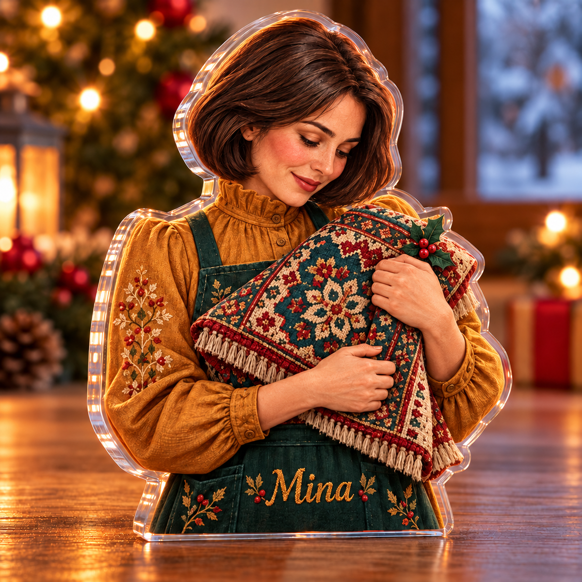 Front-view digital preview of a Christmas rug maker woven memory acrylic plaque with example name Mina integrated into the rug maker apron front name embroidery