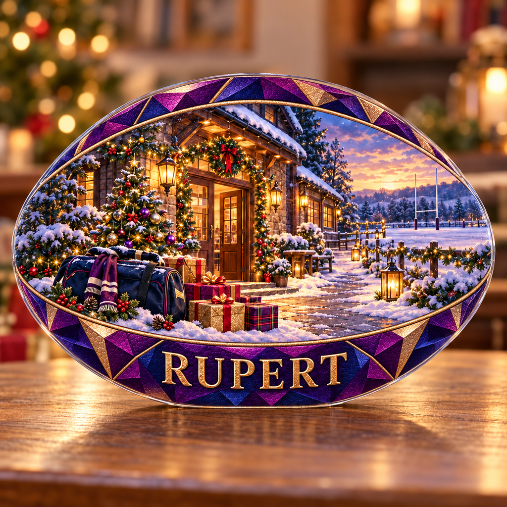 Front-view digital preview of a Christmas amethyst rugby ball acrylic plaque with example name RUPERT integrated into the lowest ball panel facets