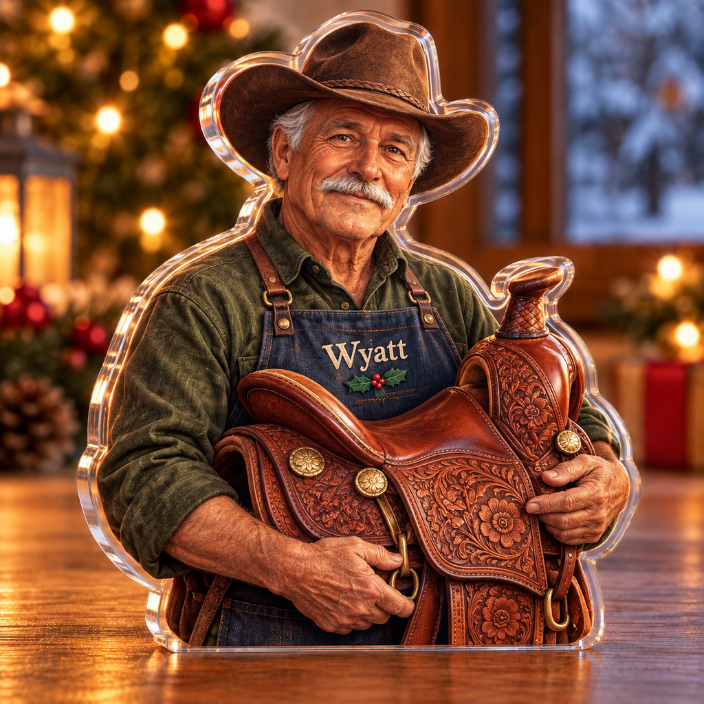 Front-view digital preview of a Christmas saddler leather pride acrylic plaque with example name Wyatt integrated into the the illustrated front apron name stitching