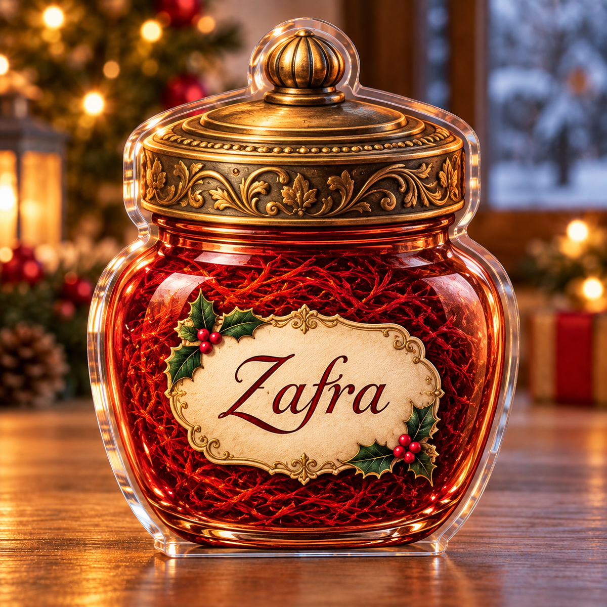 Front-view digital preview of a Christmas saffron spice jar acrylic plaque with example name Zafra integrated into the illustrated jar front paper label