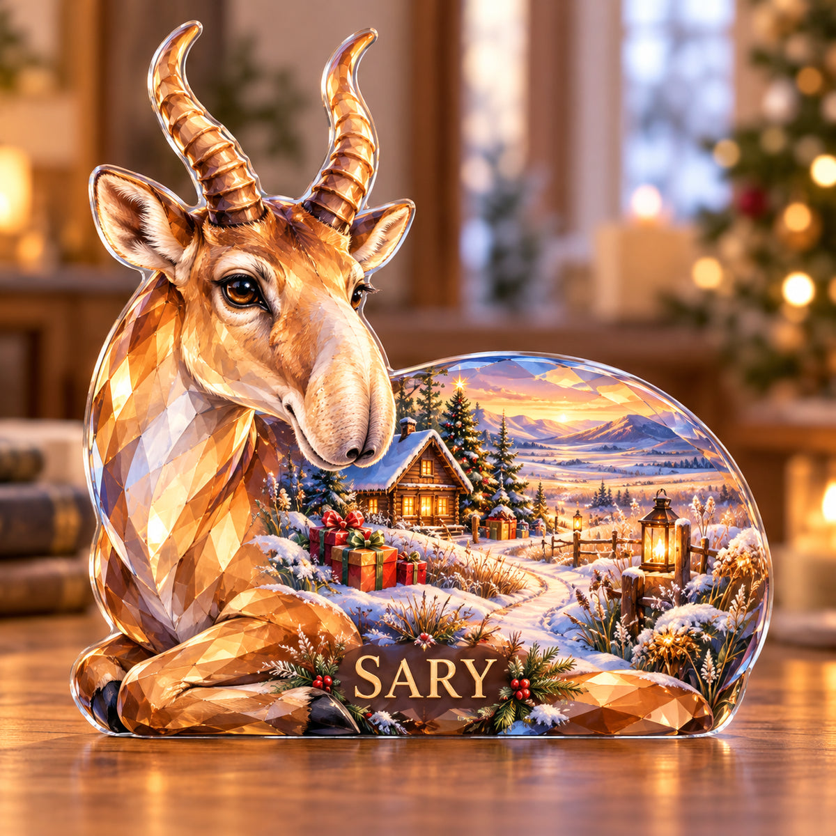 Front-view digital preview of a Christmas amber saiga acrylic plaque with example name SARY integrated into the lowest intrinsic flank facets