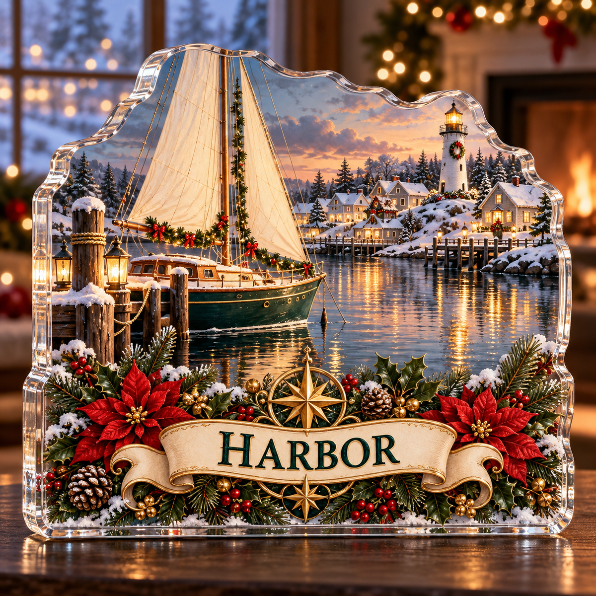 Front-view digital preview of a personalized Christmas sailboat poinsettia harbor acrylic plaque with example name HARBOR