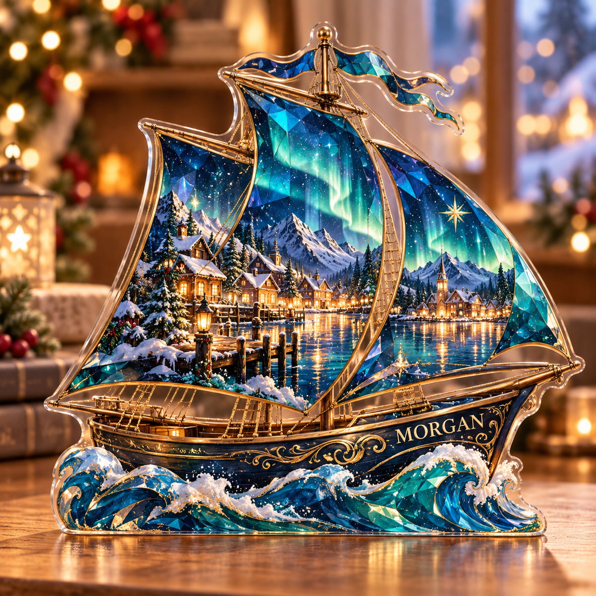 Front-view digital preview of a Christmas sailing ship aurora harbor acrylic plaque with example name Morgan integrated into the lower hull wave detail
