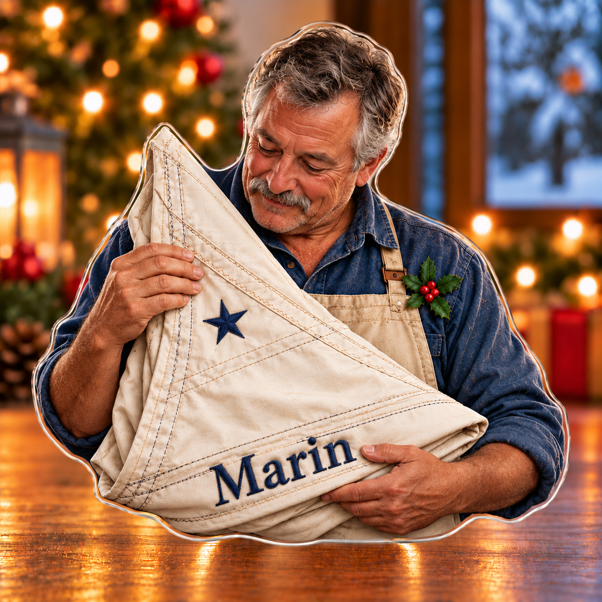 Front-view digital preview of a Christmas sailmaker canvas star acrylic plaque with example name Marin integrated into the lower sail hem