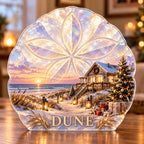 Front-view digital preview of a Christmas opal sand dollar acrylic plaque with example name DUNE integrated into the lowest body facets