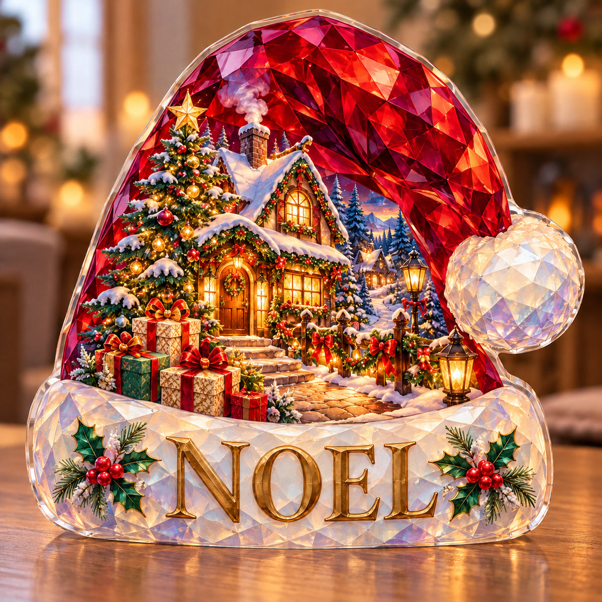 Front-view digital preview of a Christmas ruby santa hat acrylic plaque with example name NOEL integrated into the lowest hat cuff facets