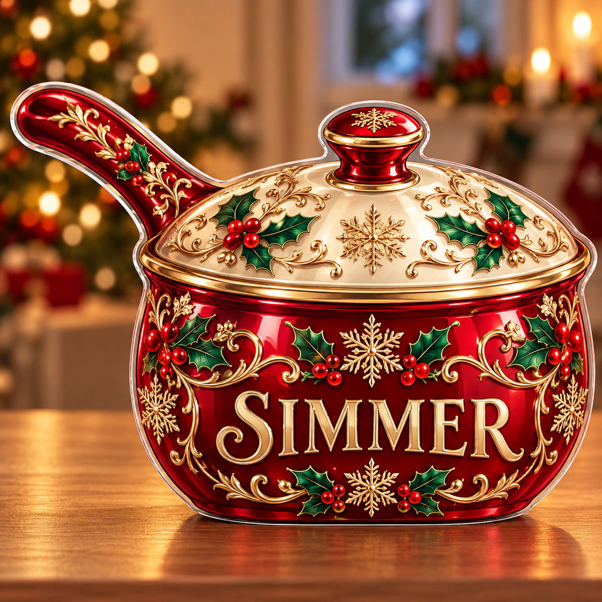 Front-view digital preview of a Christmas ruby saucepan acrylic plaque with continuous full-subject artwork and example name SIMMER, no internal scene.