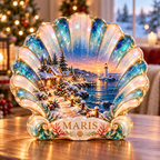 Front-view digital preview of a Christmas scallop shell opal cove acrylic plaque with example name Maris integrated into the lower intrinsic scallop shell coral detail
