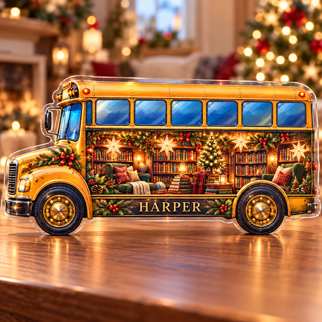 Front-view digital preview of a Christmas school bus amber homecoming acrylic plaque with example name Harper integrated into the lower intrinsic bus body detail