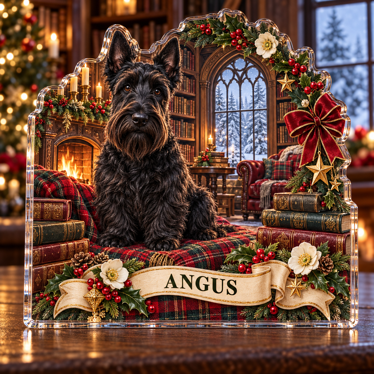 Front-view digital preview of a personalized Christmas Scottish terrier library acrylic plaque with example name ANGUS