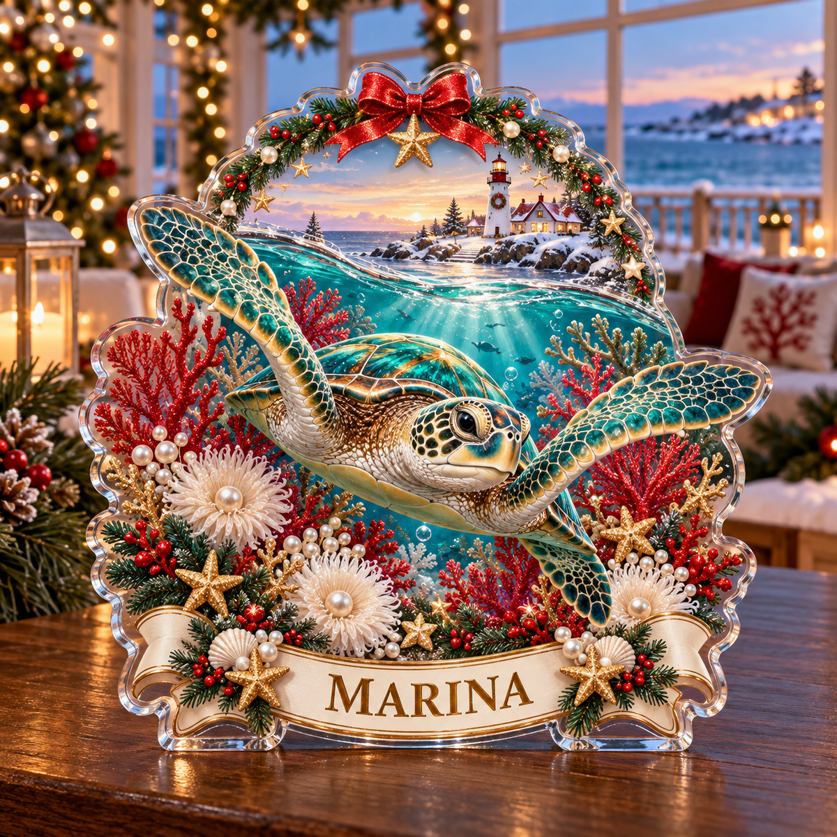 Front-view digital preview of a personalized Christmas sea turtle coral lighthouse acrylic plaque with example name MARINA