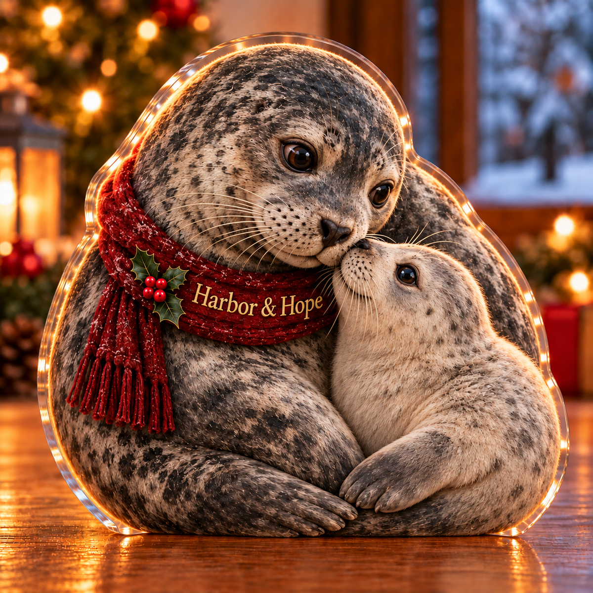 Front-view digital preview of a Christmas seal family nuzzle acrylic plaque with example name Harbor & Hope integrated into the the illustrated front scarf name stitching