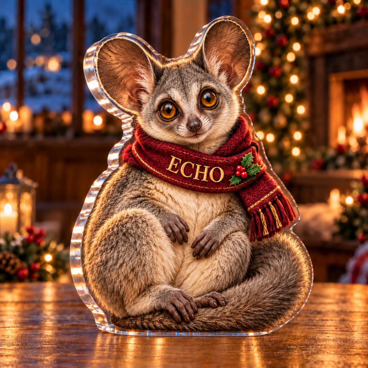 Front-view digital preview of a Christmas senegal bushbaby acrylic plaque with example name ECHO integrated into the illustrated knitted scarf fold