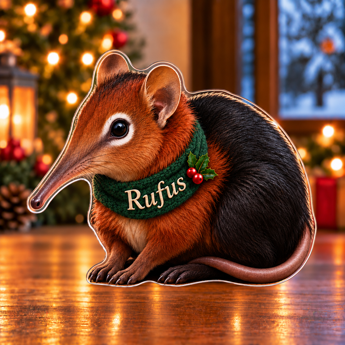 Front-view digital preview of a Christmas sengi curious wish acrylic plaque with example name Rufus integrated into the neck wrap front