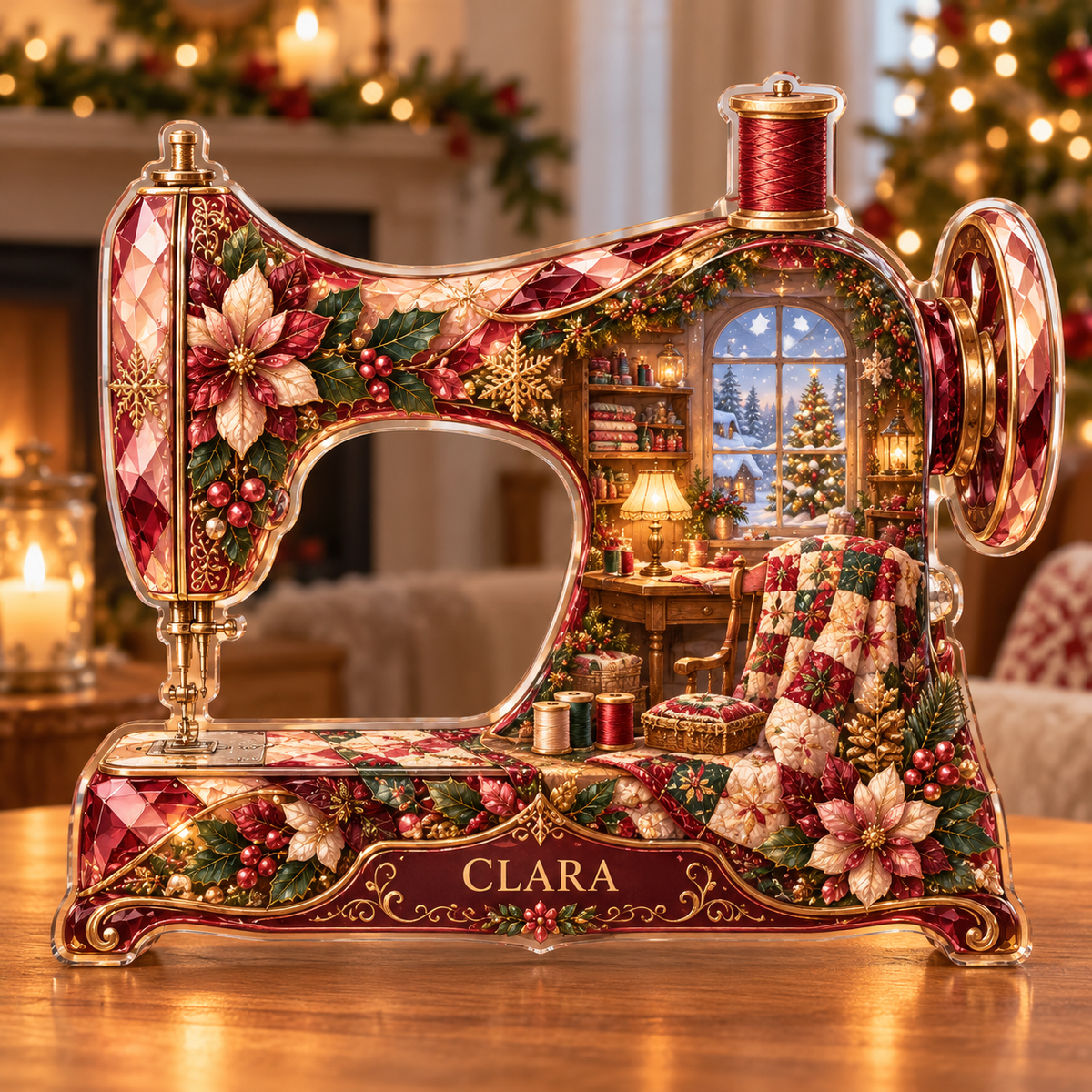 Front-view digital preview of a Christmas sewing machine rose atelier acrylic plaque with example name Clara integrated into the lower machine floral detail