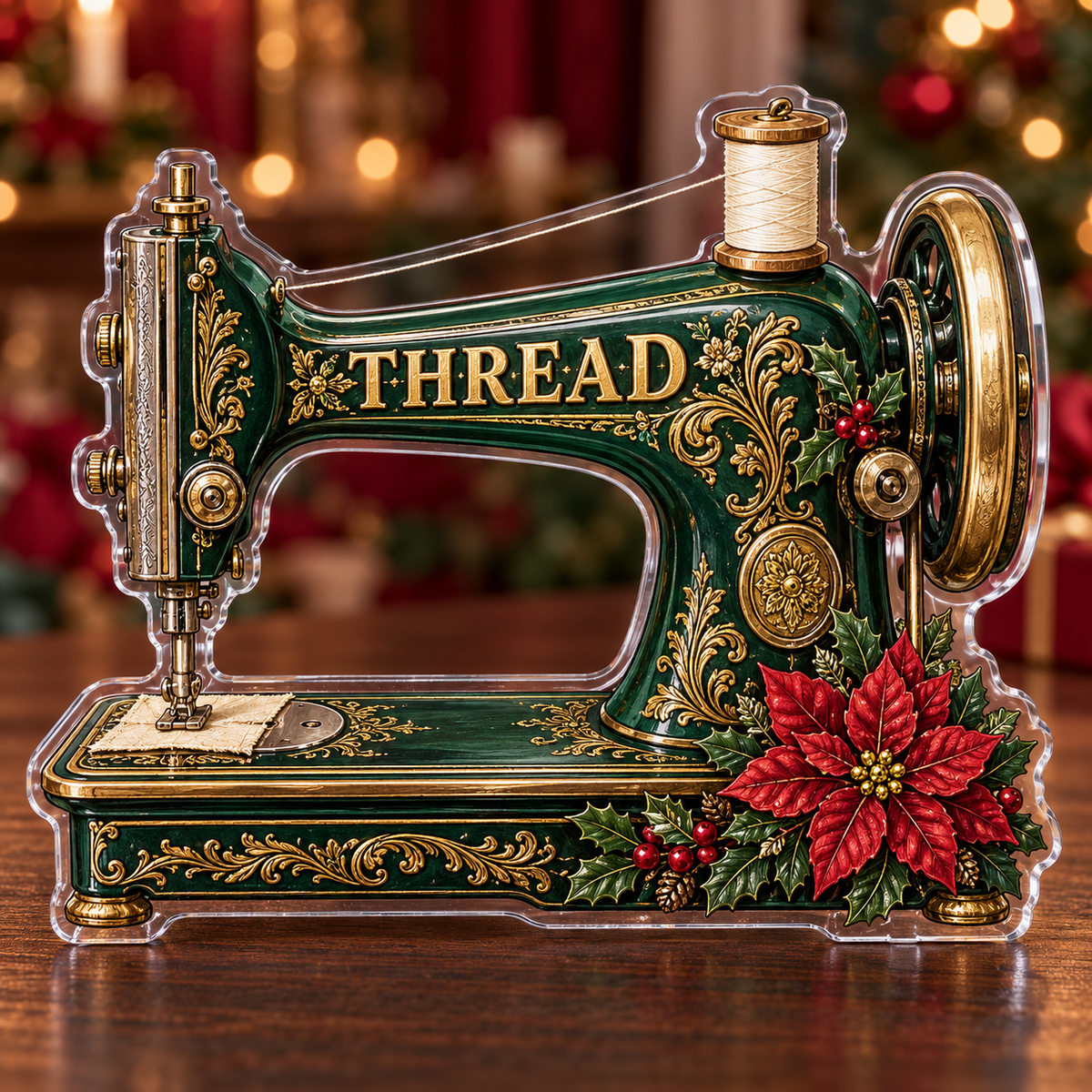 Frontal digital preview of a Christmas sewing machine acrylic plaque with THREAD integrated as printed engraved-look front-plate lettering