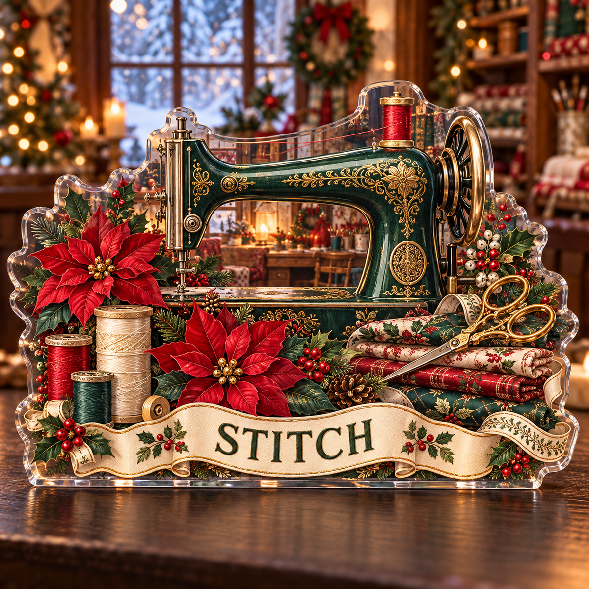 Front-view digital preview of a personalized Christmas sewing machine and poinsettia acrylic plaque with example name STITCH