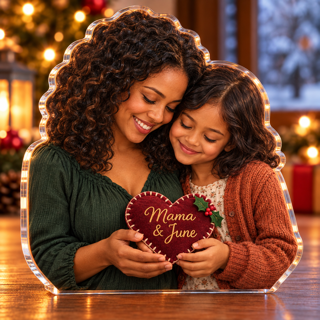 Front-view digital preview of a Christmas sewing family heart acrylic plaque with example name Mama & June integrated into the the illustrated cloth heart name stitching