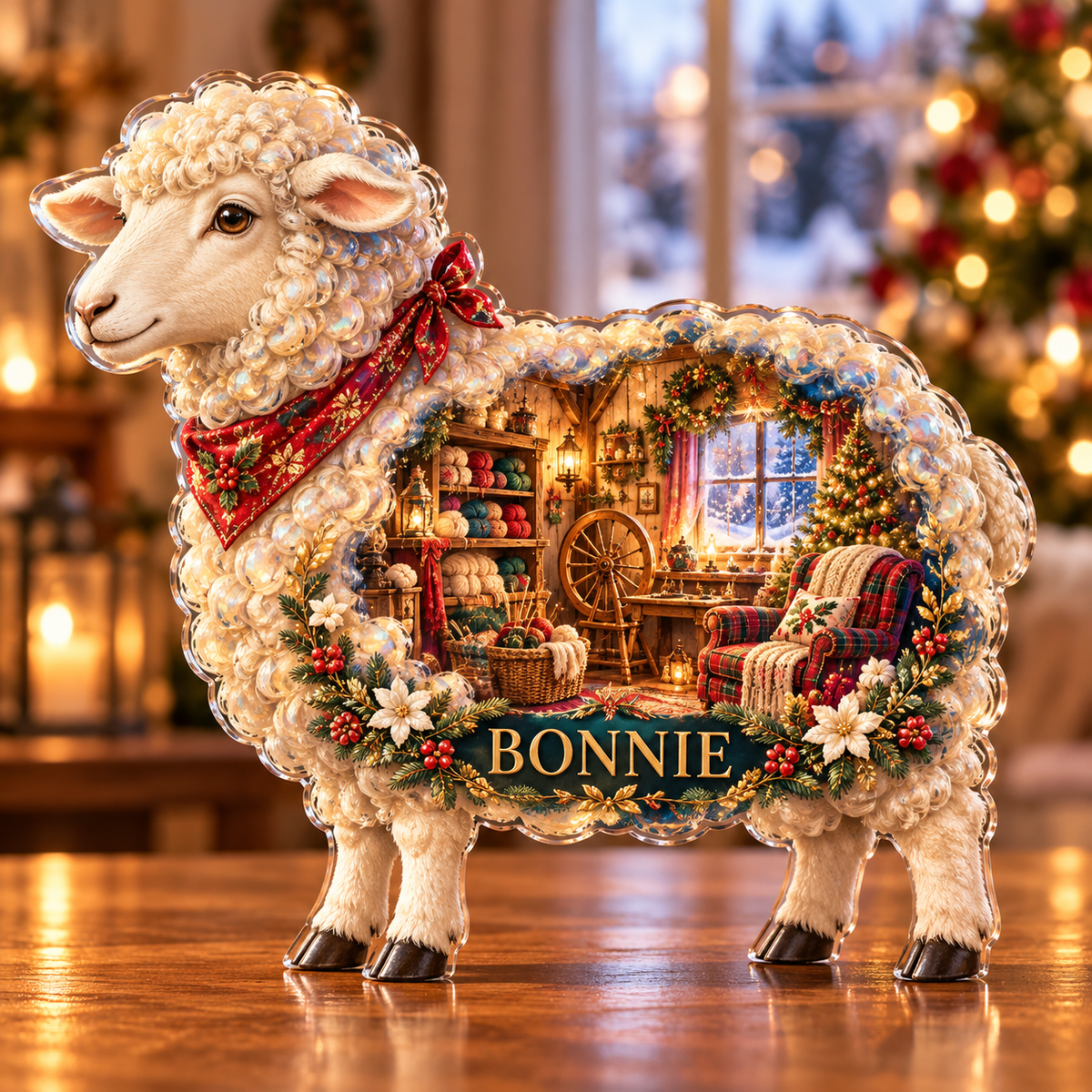 Front-view digital preview of a Christmas sheep opal woolcottage acrylic plaque with example name Bonnie integrated into the lower intrinsic sheep botanical detail