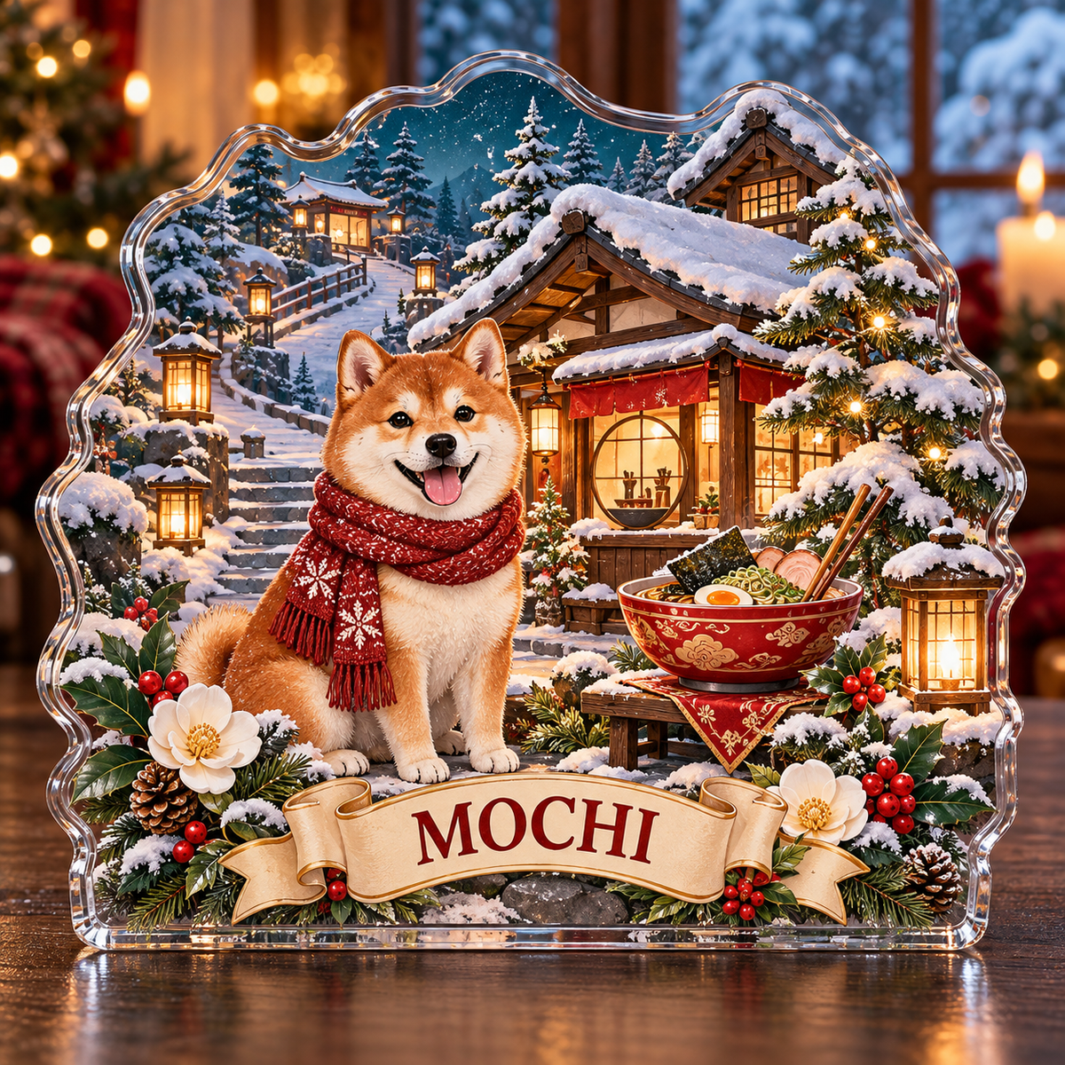 Front-view digital preview of a personalized Christmas Shiba Inu ramen cottage acrylic plaque with example name MOCHI