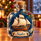 Front-view digital preview of a Christmas ship bottle voyage acrylic plaque with example name Sailor integrated into the the illustrated bottle label name detail