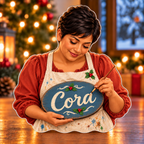 Front-view digital preview of a Christmas sign painter lettering pride acrylic plaque with example name Cora integrated into the oval sign face