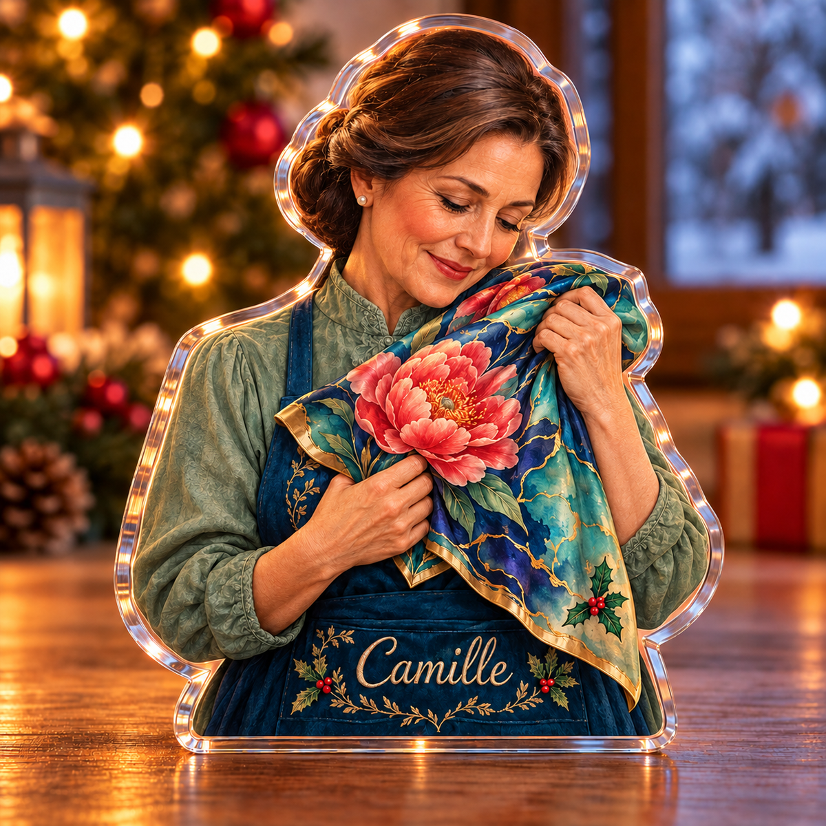 Front-view digital preview of a Christmas silk painter peony acrylic plaque with example name Camille integrated into the silk painter apron front name embroidery