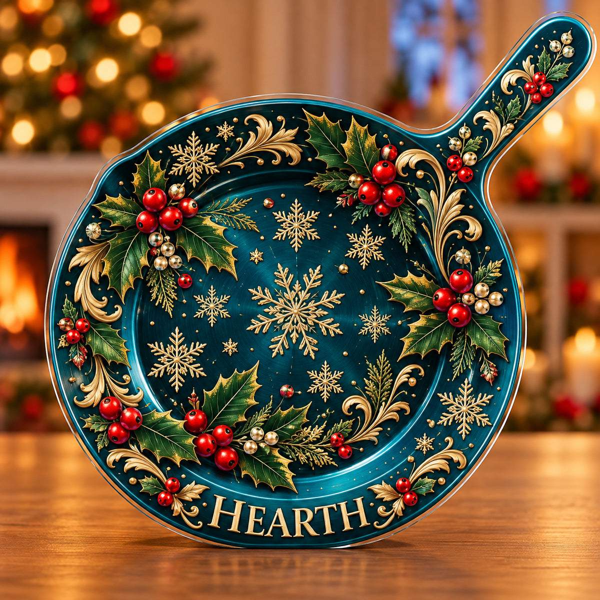 Front-view digital preview of a Christmas sapphire skillet acrylic plaque with continuous full-subject artwork and example name HEARTH, no internal scene.