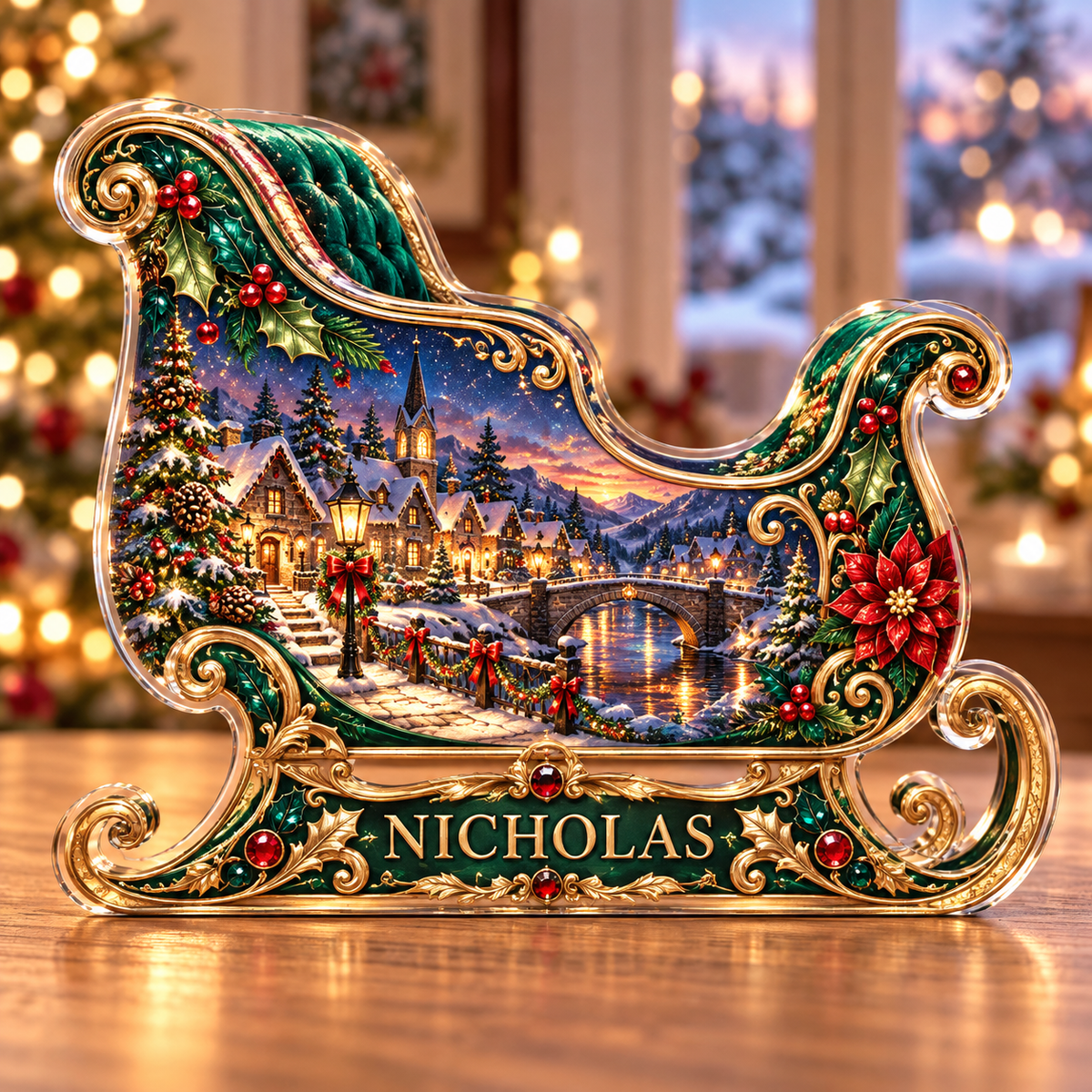 Front-view digital preview of a Christmas sleigh emerald village acrylic plaque with example name Nicholas integrated into the lower intrinsic sleigh runner detail