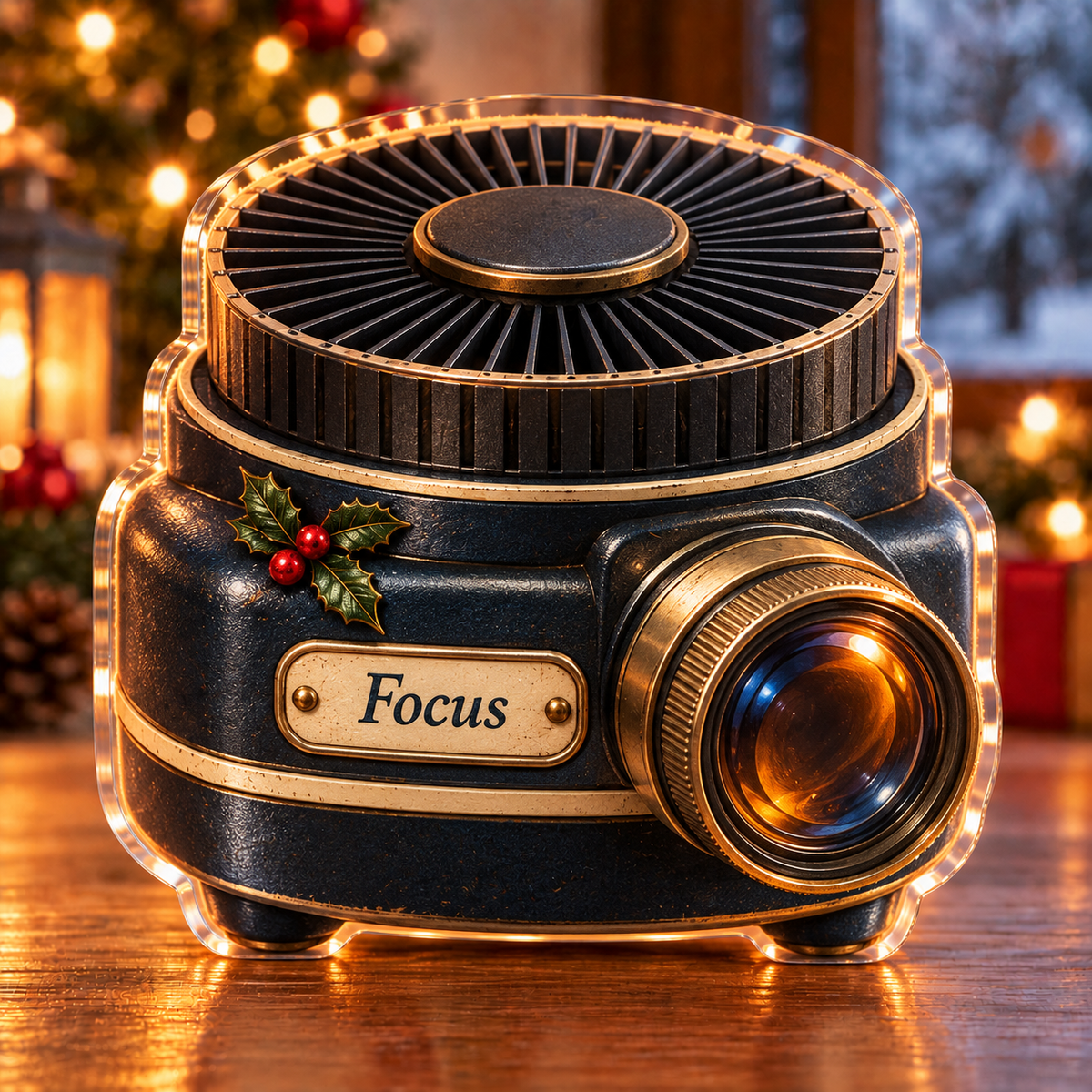 Front-view digital preview of a Christmas slide projector memory acrylic plaque with example name Focus integrated into the the illustrated front projector name plate
