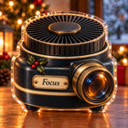 Front-view digital preview of a Christmas slide projector memory acrylic plaque with example name Focus integrated into the the illustrated front projector name plate