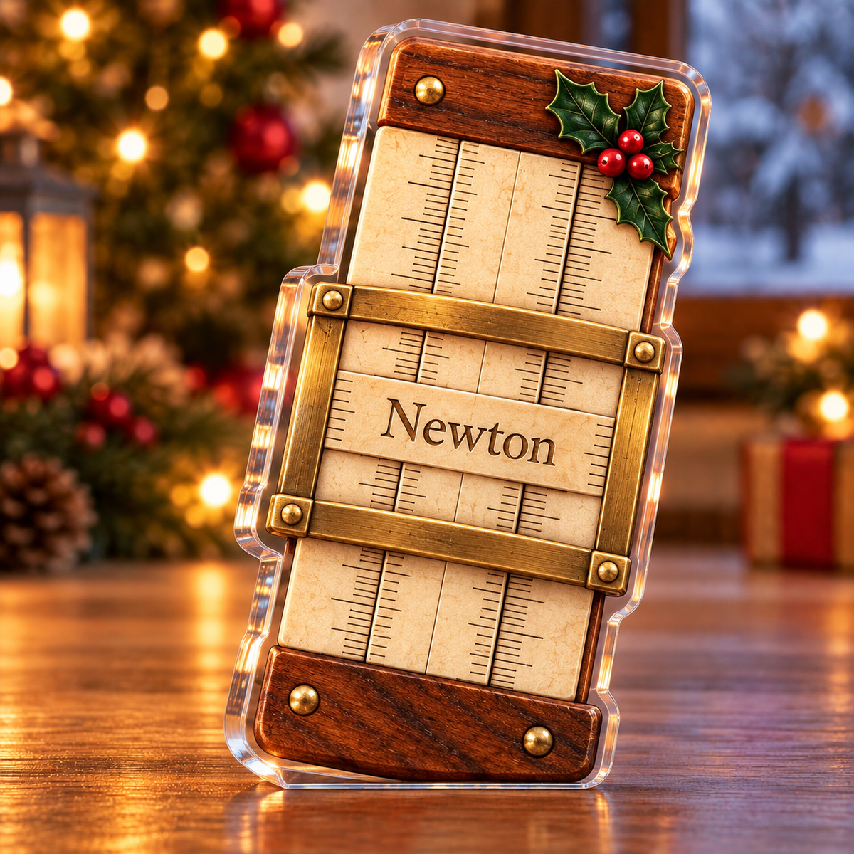 Front-view digital preview of a Christmas slide rule engineering acrylic plaque with example name Newton integrated into the slide rule central ivory name strip