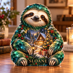 Front-view digital preview of a Christmas emerald sloth acrylic plaque with example name SLOANE integrated into the lowest body fur facets