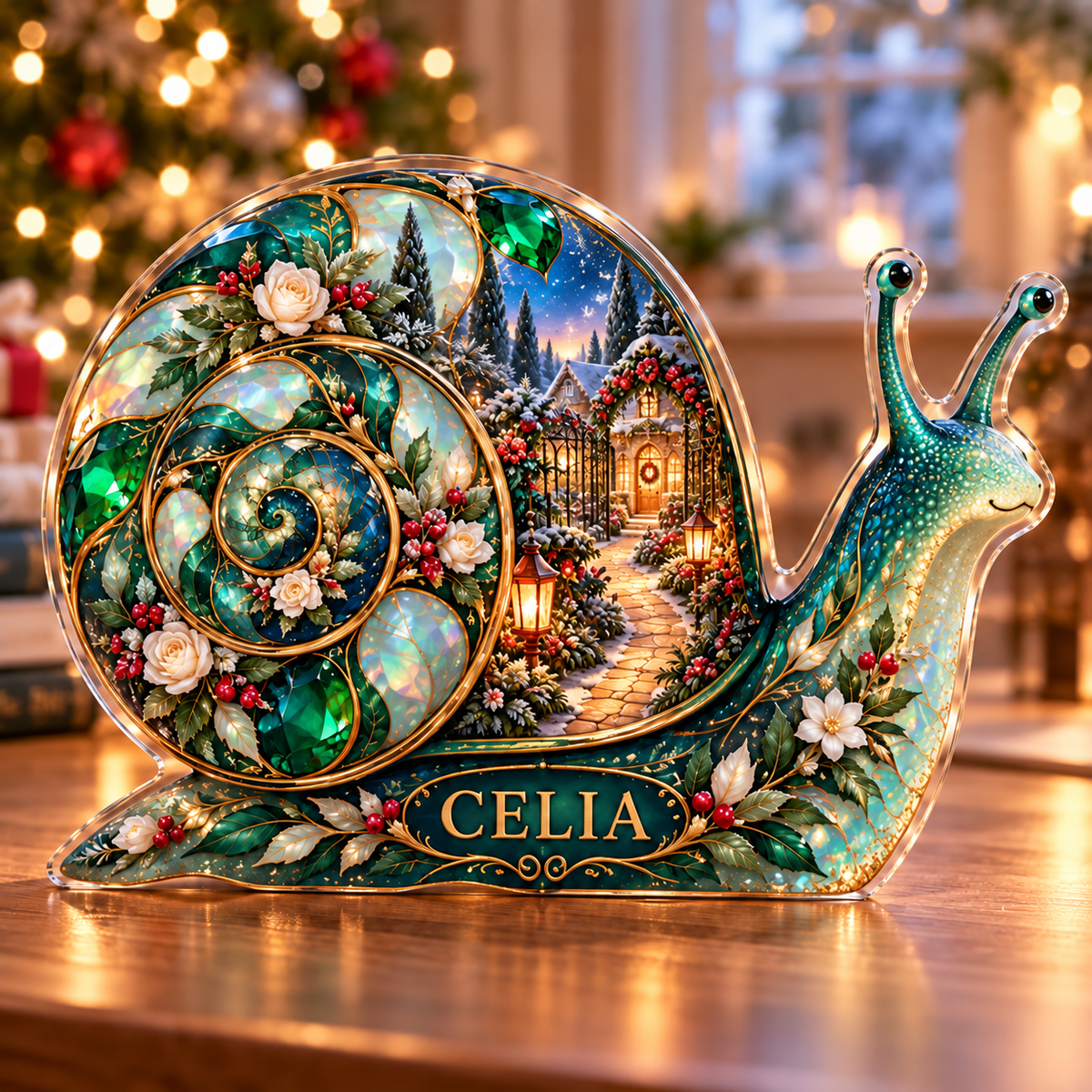 Front-view digital preview of a Christmas snail emerald garden acrylic plaque with example name Celia integrated into the lower intrinsic snail botanical detail