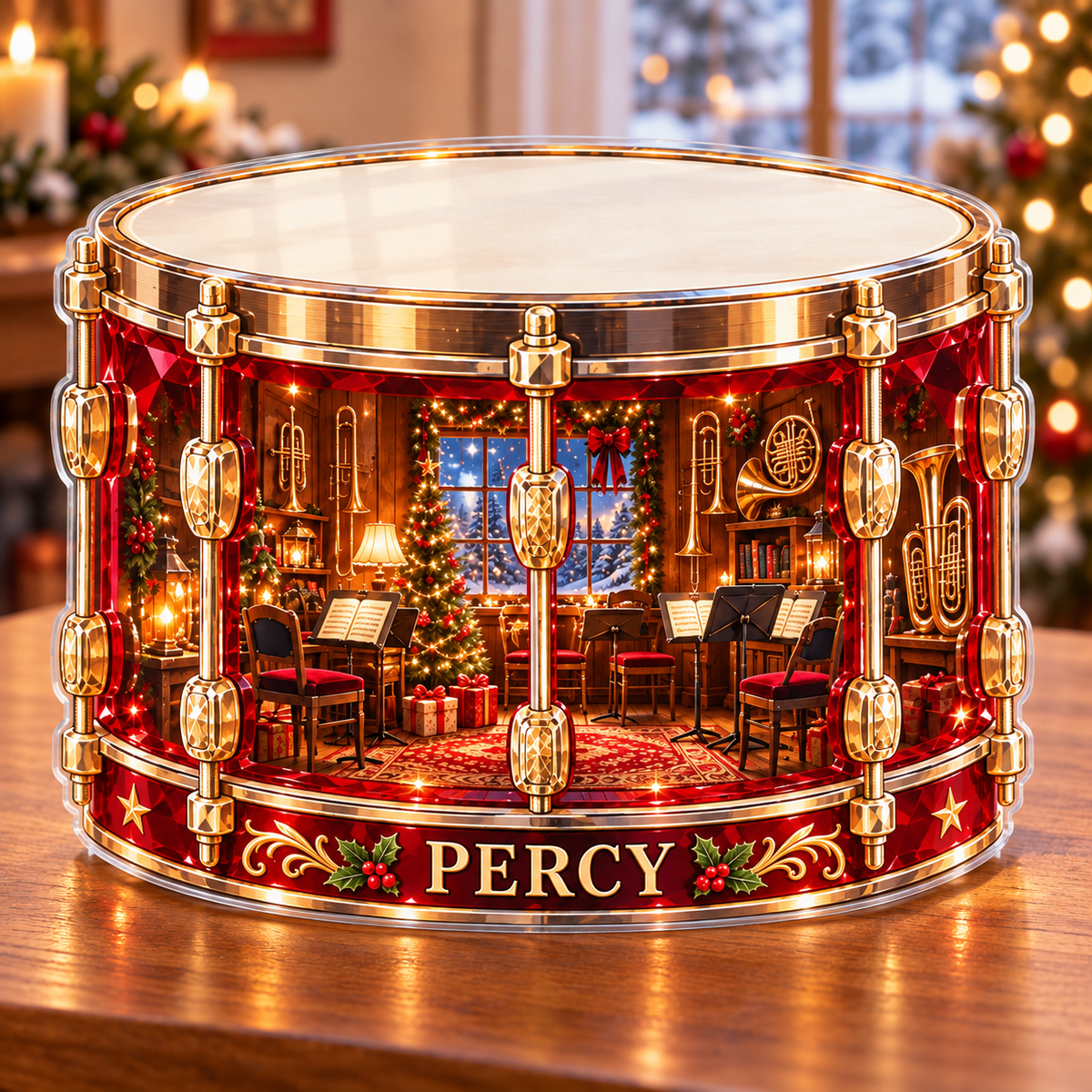 Front-view digital preview of a Christmas snare drum ruby bandroom acrylic plaque with example name Percy integrated into the lower intrinsic drum rim detail