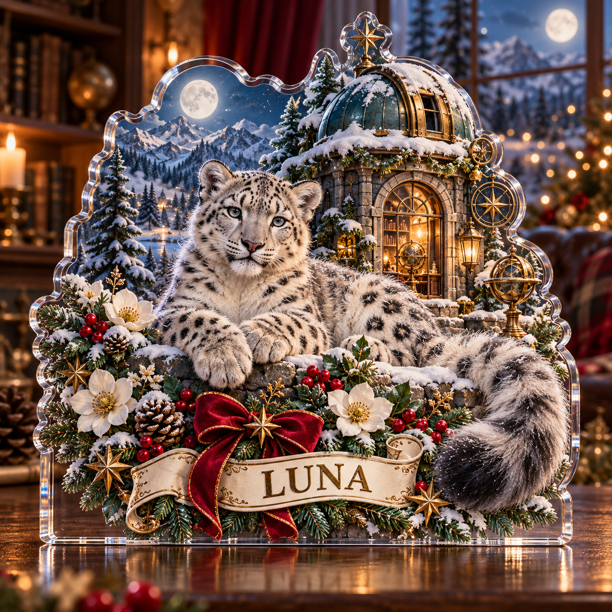 Front-view digital preview of a personalized Christmas snow leopard observatory acrylic plaque with example name LUNA
