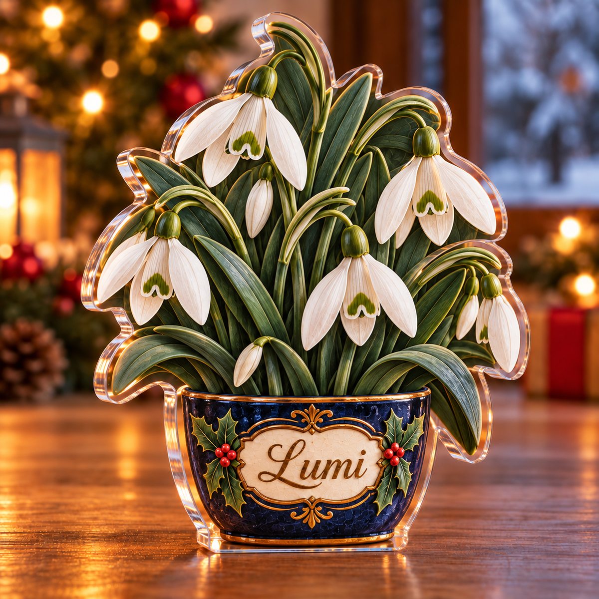 Front-view digital preview of a Christmas snowdrop winter bells acrylic plaque with example name Lumi integrated into the illustrated pot front name panel