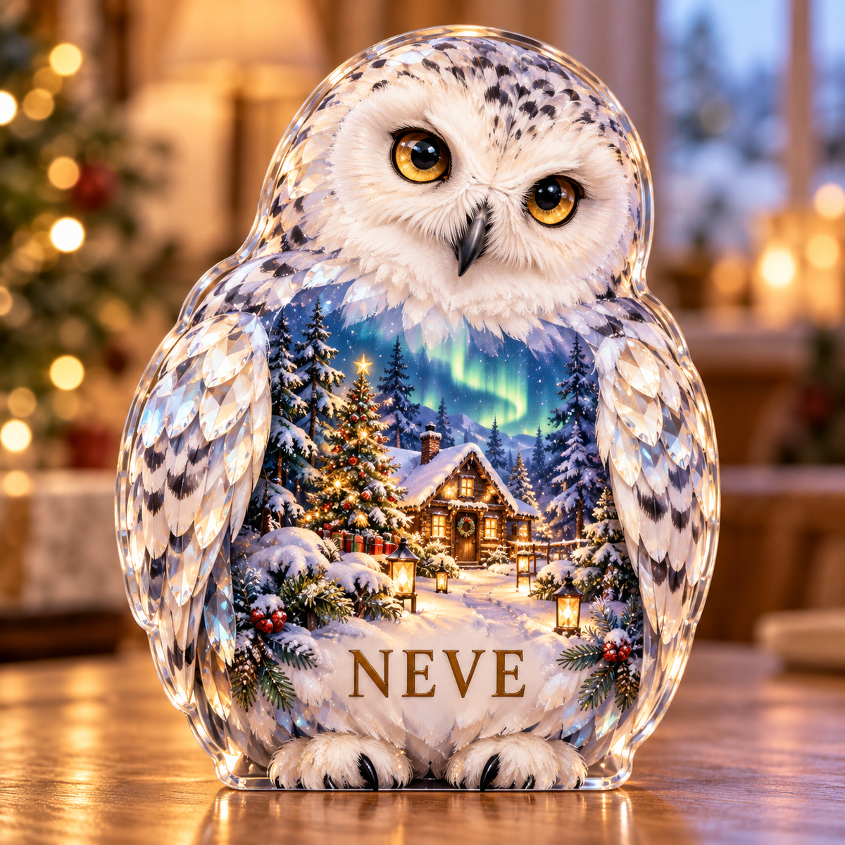 Front-view digital preview of a Christmas snowy owl opal aurorahut acrylic plaque with example name NEVE integrated into the lower breast feather facets