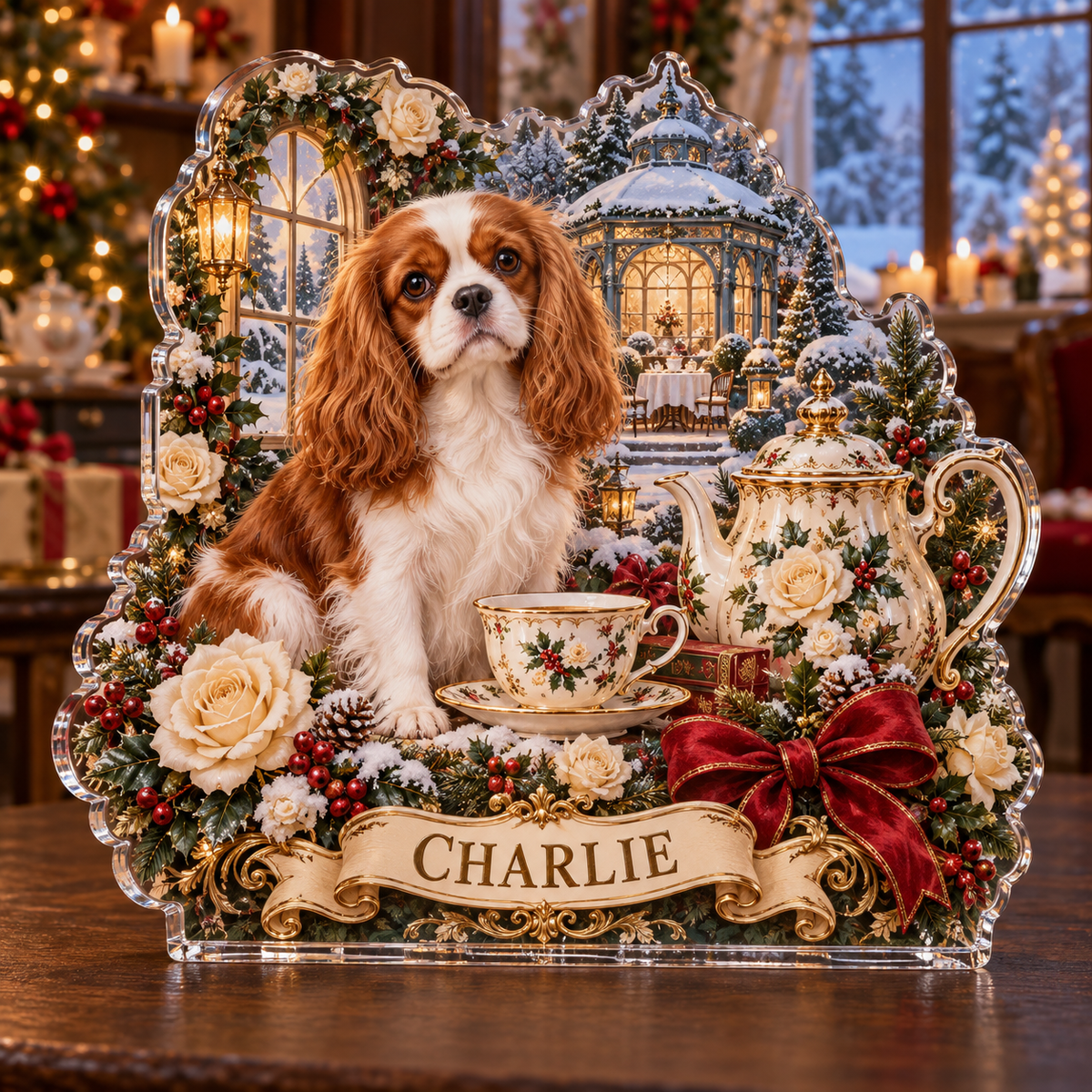 Front-view digital preview of a personalized Christmas spaniel rose tea pavilion acrylic plaque with example name CHARLIE