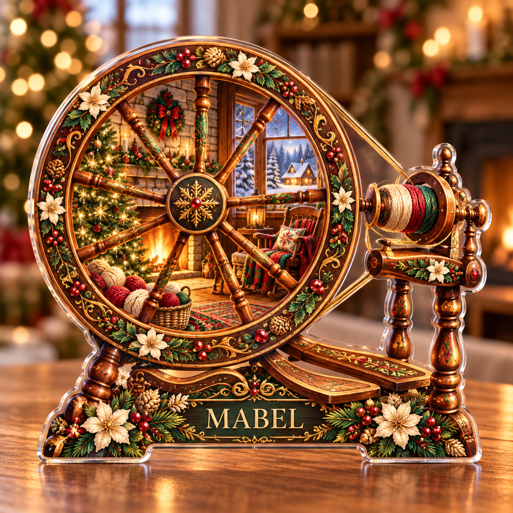 Front-view digital preview of a Christmas spinning wheel amber hearth acrylic plaque with example name Mabel integrated into the lower wheel floral detail