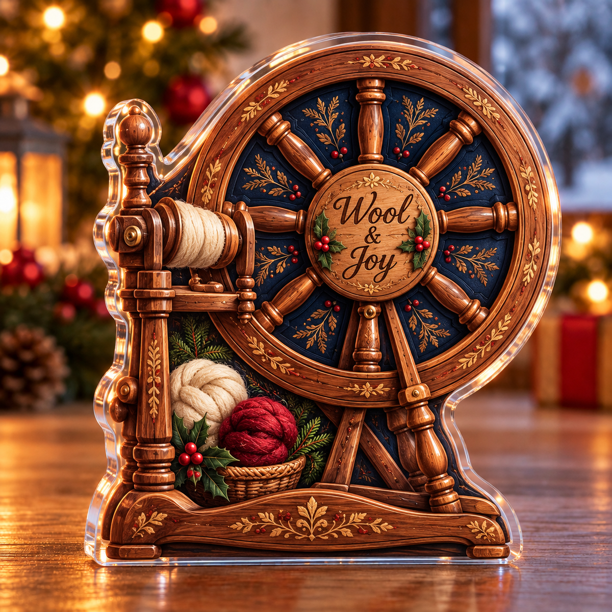 Front-view digital preview of a Christmas spinning wheel wool acrylic plaque with example name Wool & Joy integrated into the spinning wheel hub name cartouche