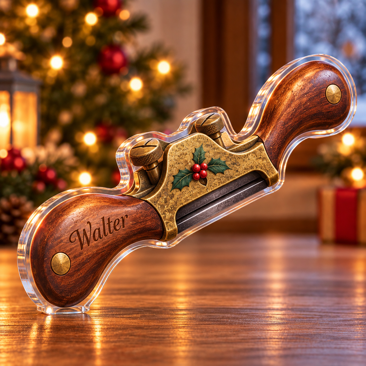 Front-view digital preview of a Christmas spokeshave woodcraft acrylic plaque with example name Walter integrated into the illustrated wooden grip name panel