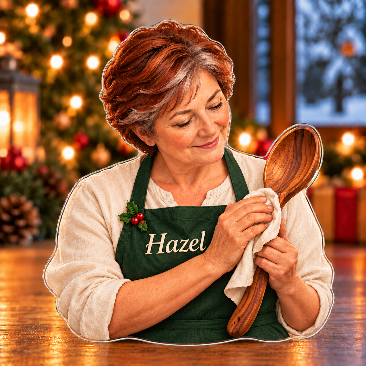 Front-view digital preview of a Christmas spoon carver wood care acrylic plaque with example name Hazel integrated into the work apron chest