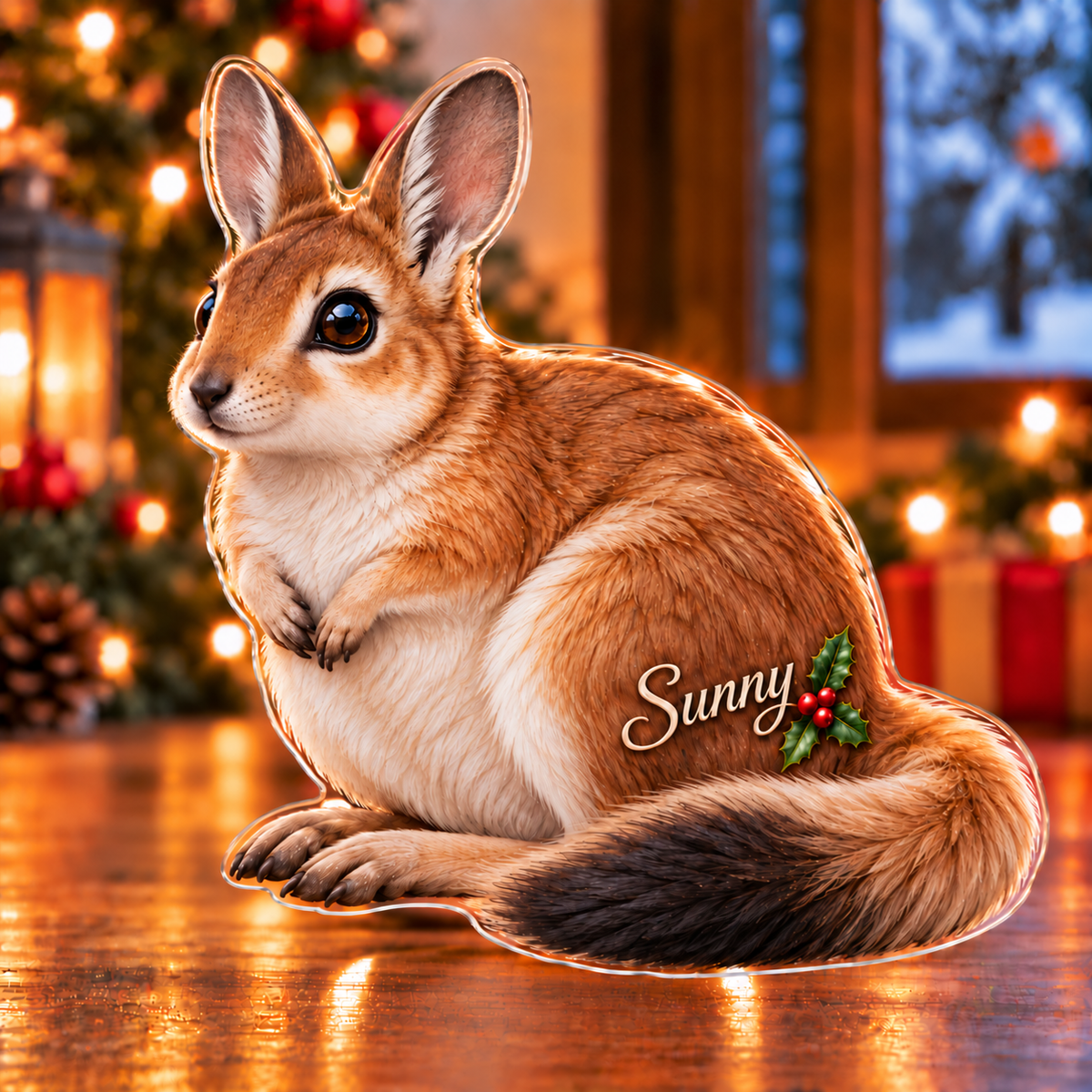 Front-view digital preview of a Christmas springhare warm wish acrylic plaque with example name Sunny integrated into the lower flank