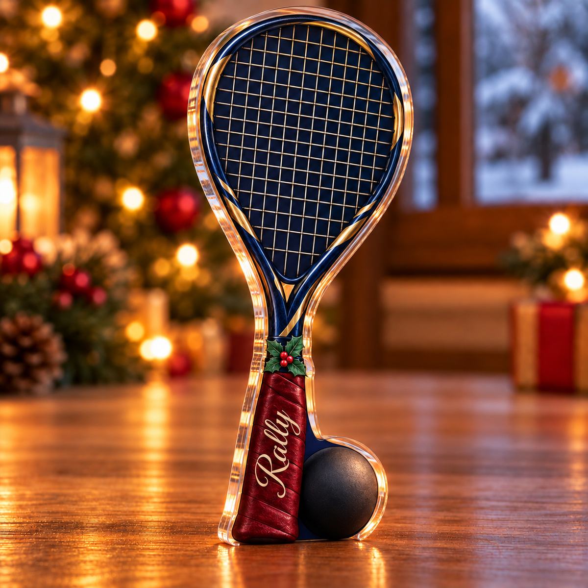 Front-view digital preview of a Christmas squash rally acrylic plaque with example name Rally integrated into the the illustrated racket grip name panel