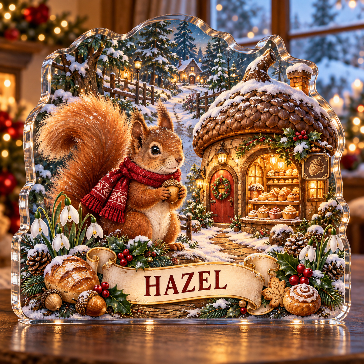 Front-view digital preview of a personalized Christmas squirrel acorn bakery acrylic plaque with example name HAZEL