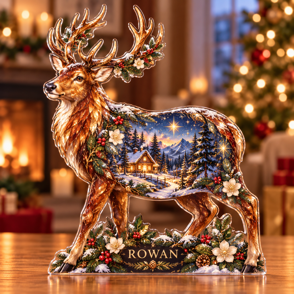 Front-view digital preview of a Christmas stag amber sanctuary acrylic plaque with example name Rowan integrated into the lower woodland detail