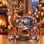 Front-view digital preview of a Christmas stag amber sanctuary acrylic plaque with example name Rowan integrated into the lower woodland detail